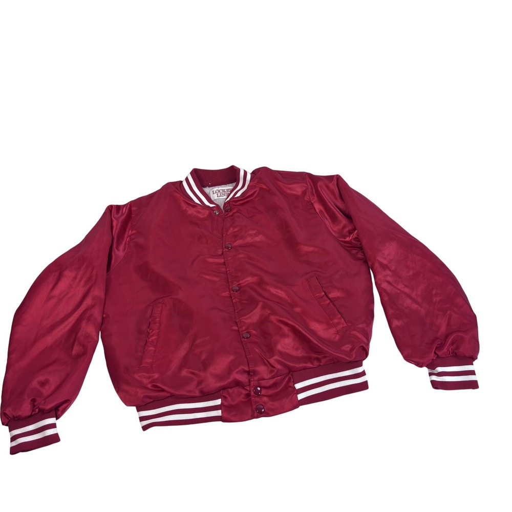 Locker Line Jacket Mens Large Red Satin Bomber Snap Front USA 90s Blank Canvas